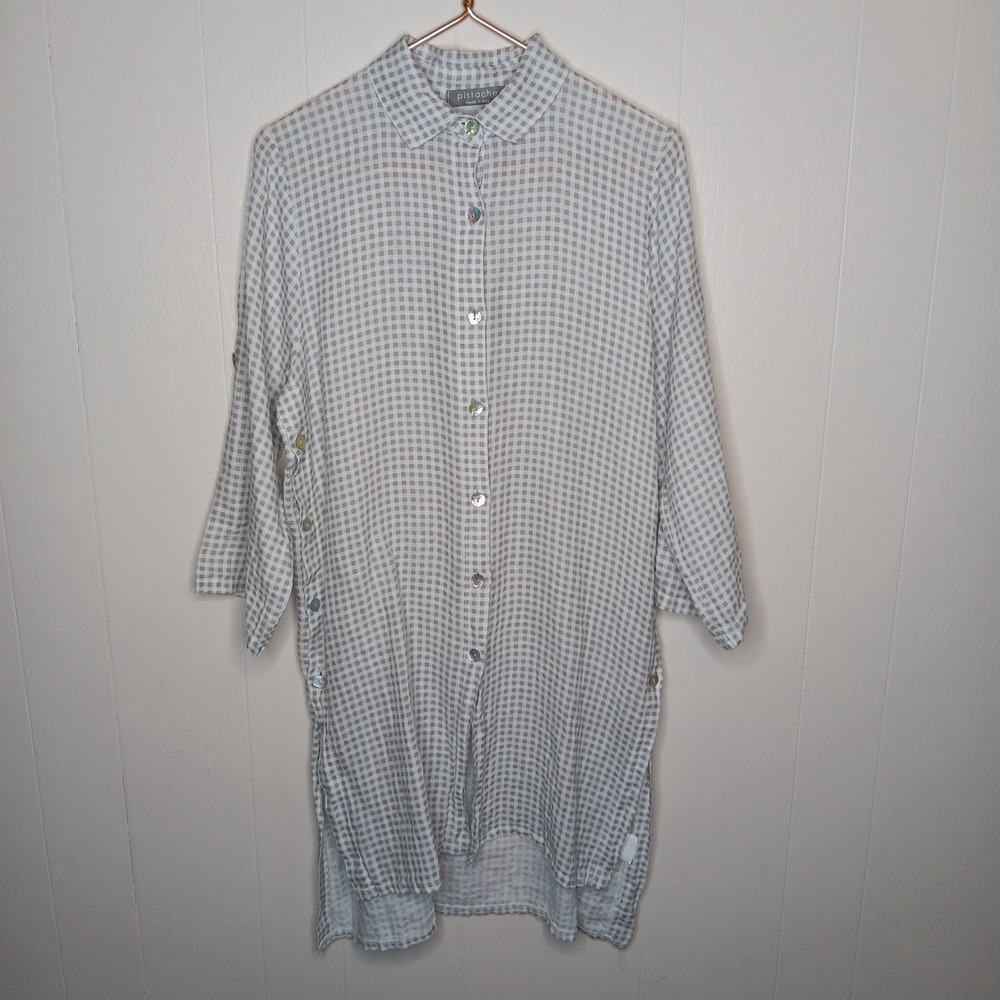 Pistache Linen Shirt Dress Womens M Size Gray White Gingham Made in Italy